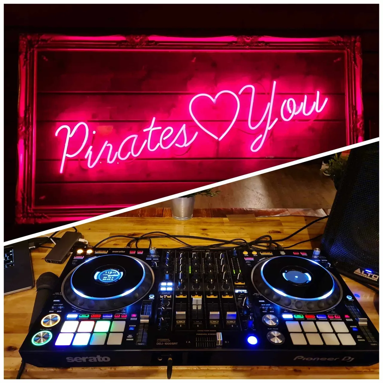 Neonschild mit der Aufschrift „Pirates ♡ You“ über einem Pioneer DJ DJ-1000 SRT-Controller.