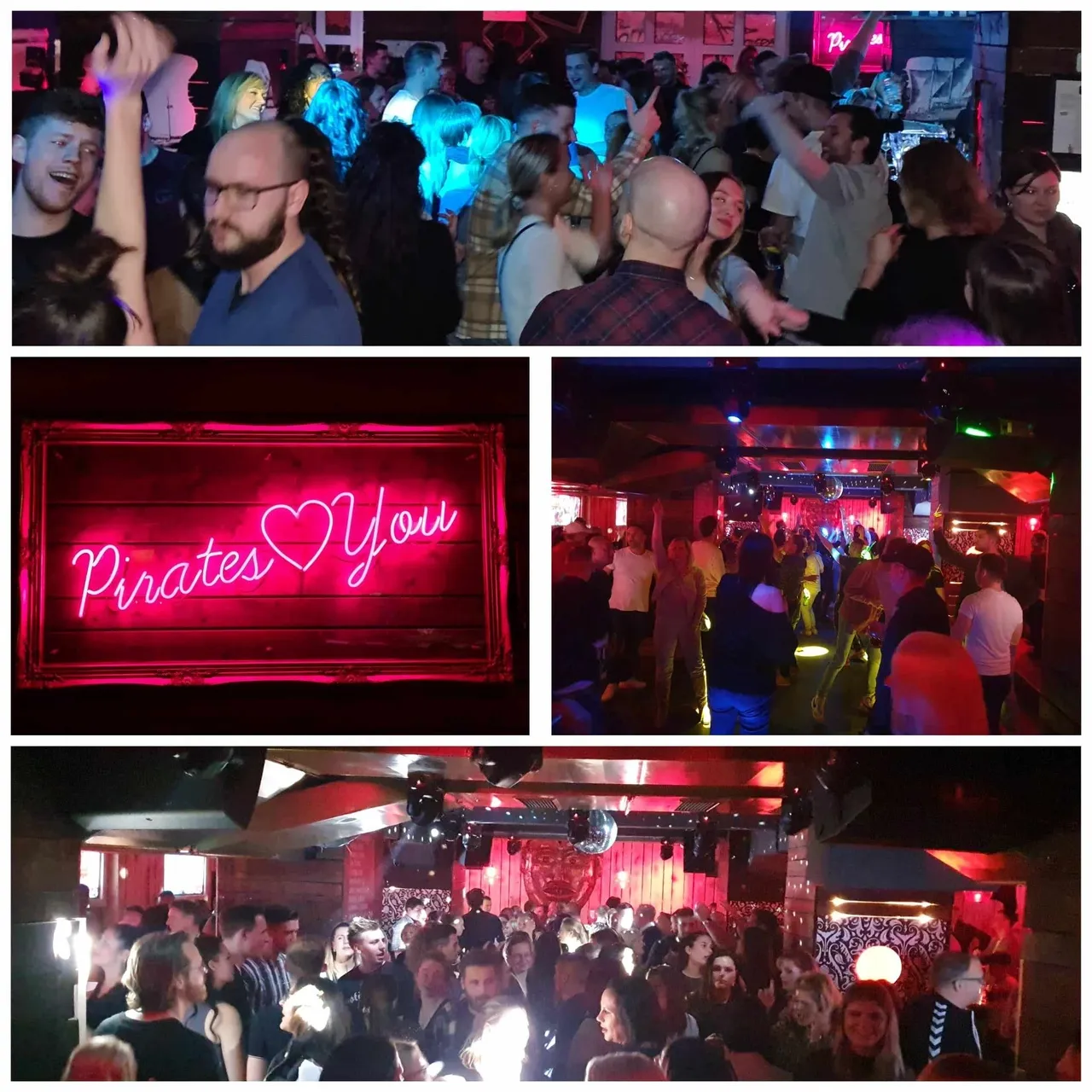 Neonschild mit der Aufschrift „Pirates ♡ You“ über einer Collage von Nachtclubszenen.