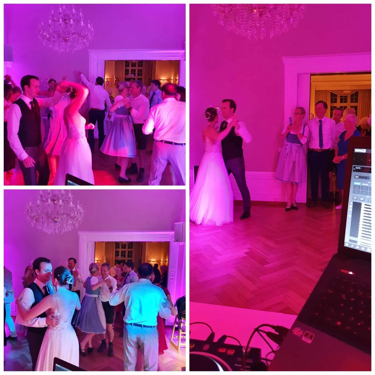 Hochzeitsempfang mit tanzenden Gästen und Braut und Bräutigam, die gemeinsam den ersten Tanz tanzen. DJ-Equipment ist sichtbar.