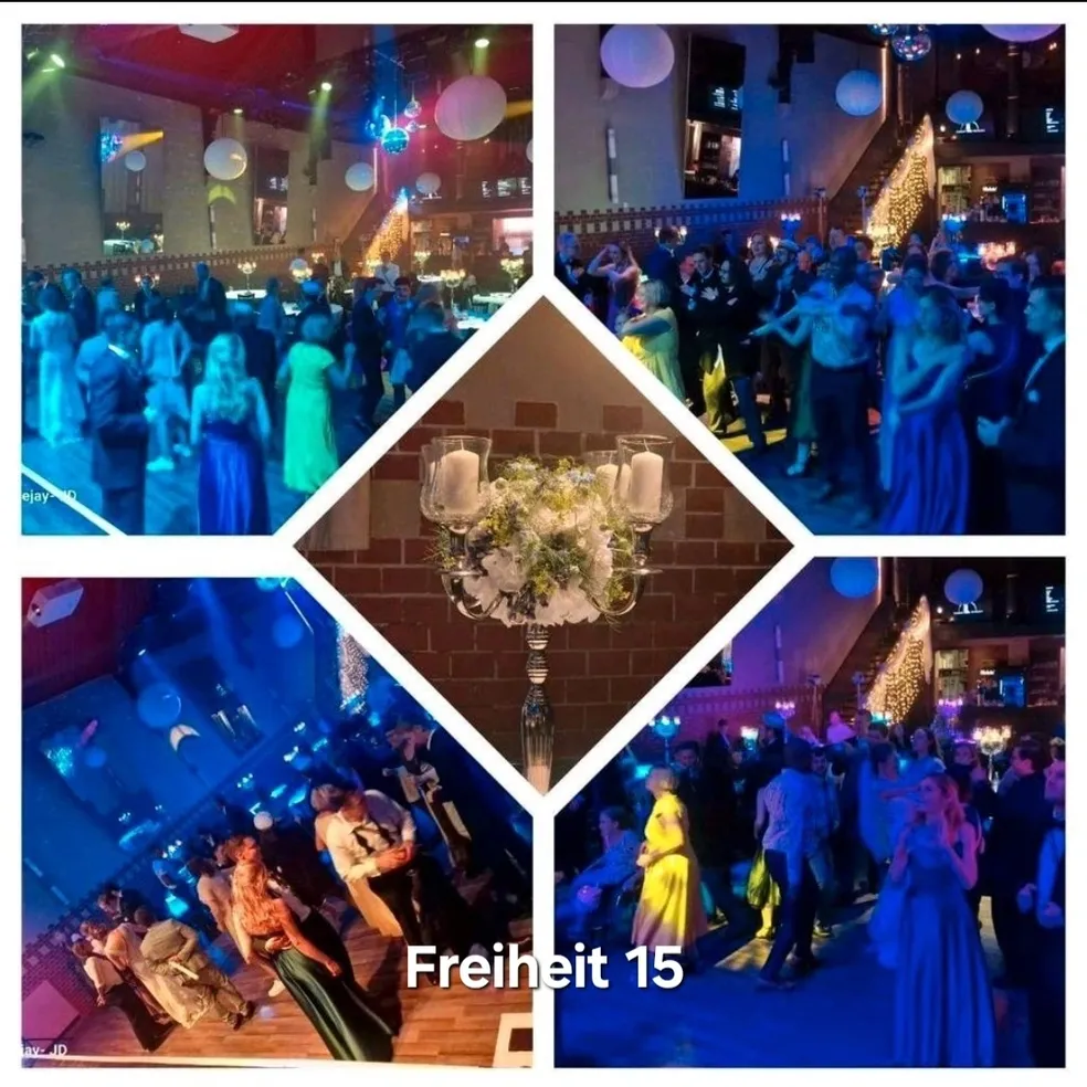 Collage aus Fotos der Veranstaltung „Freiheit 15“, die tanzende Gäste und ein Mittelstück zeigt.